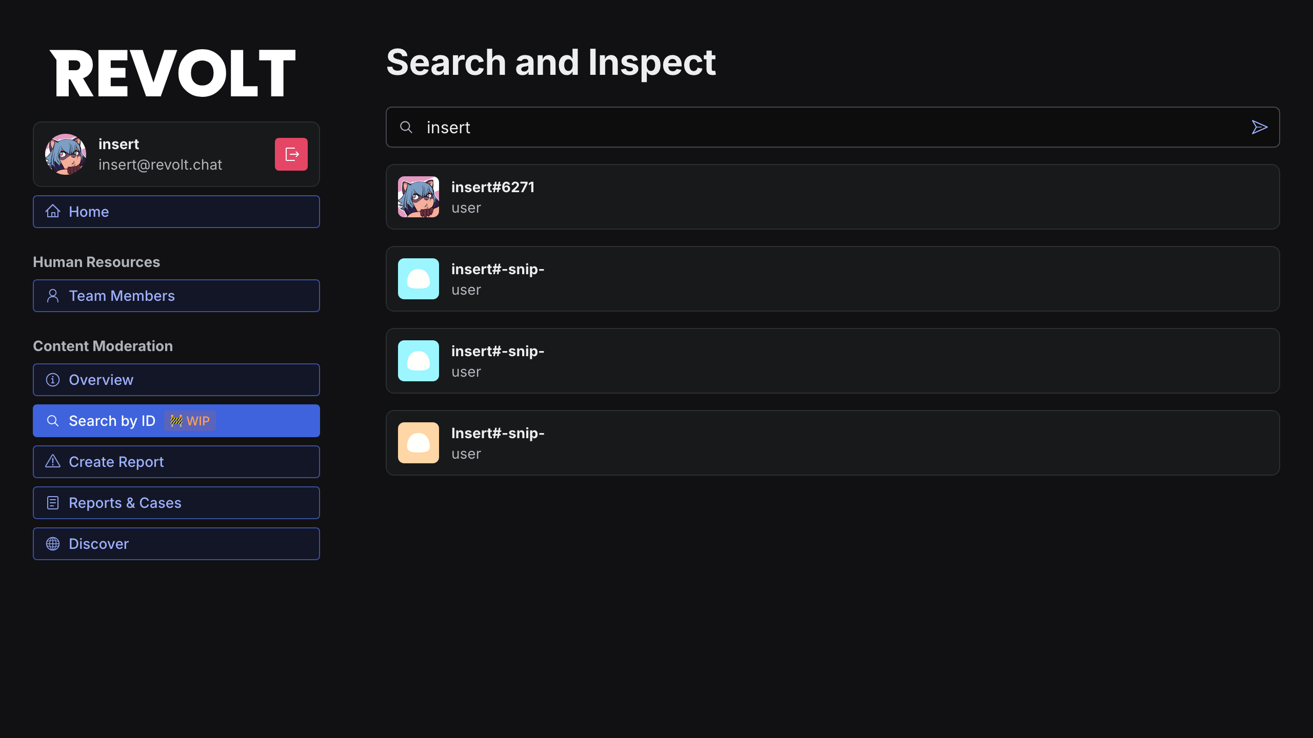 Admin panel on "search and inspect" page with 'insert' as search query