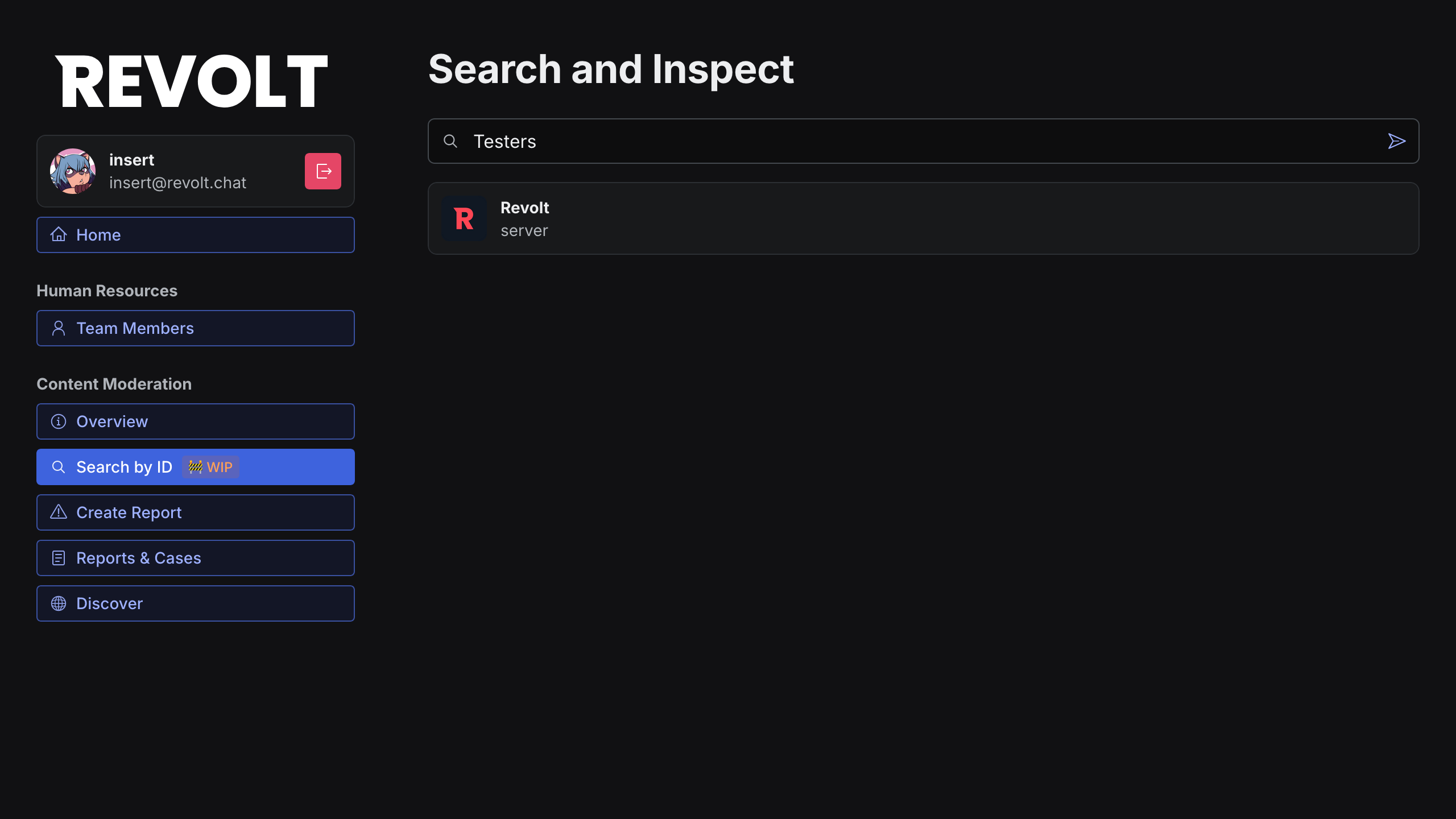 Admin panel on "search and inspect" page with 'Testers' as search query