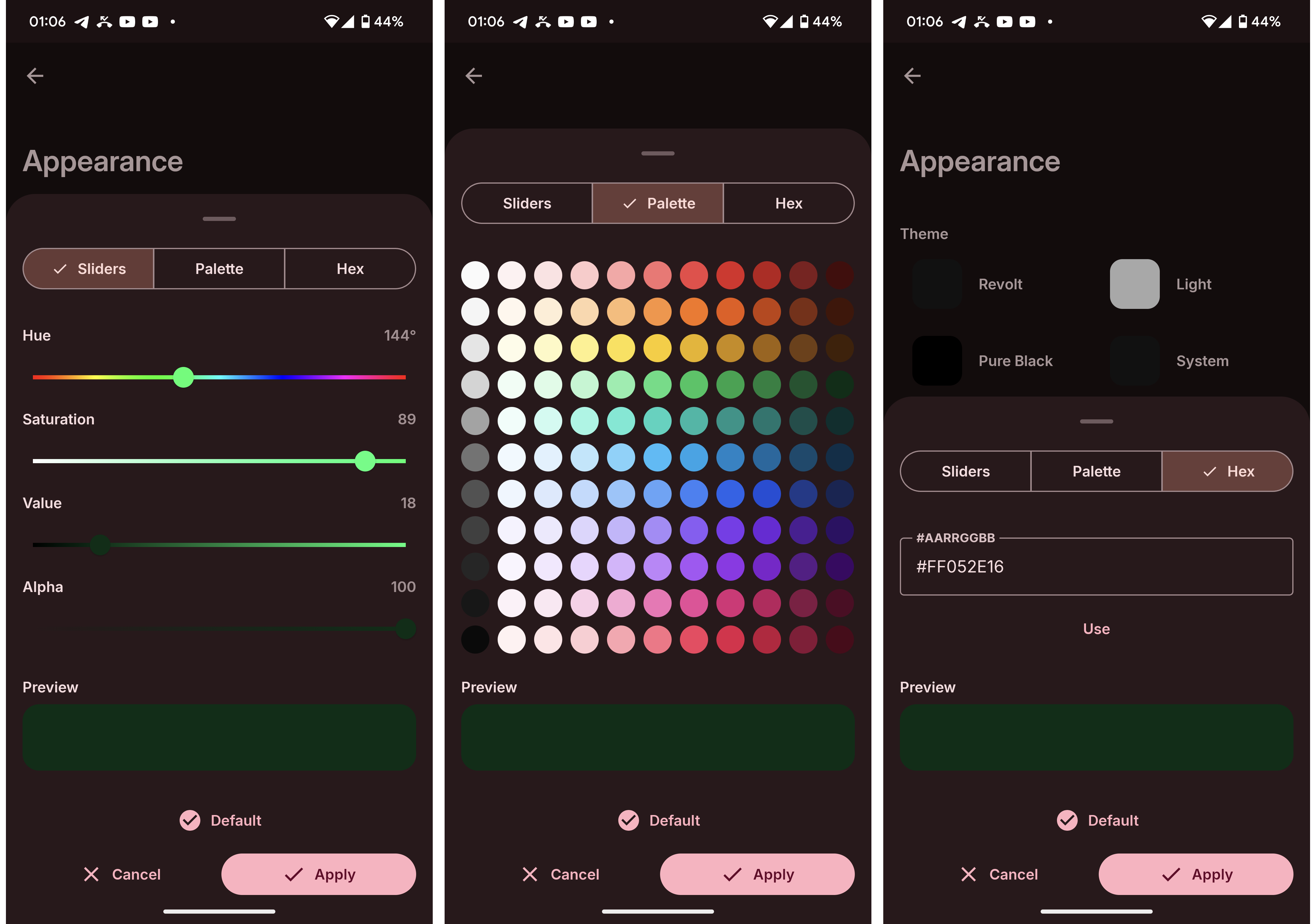 Screenshots showcasing colour picker in slider, palette, and hex modes.