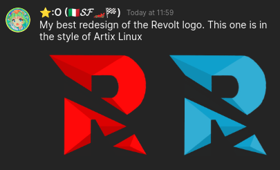 Message by Taroovala: "My best redesign of the Revolt logo. This one is in the style of Artix Linux" with image of Revolt logo in style of Artix logo