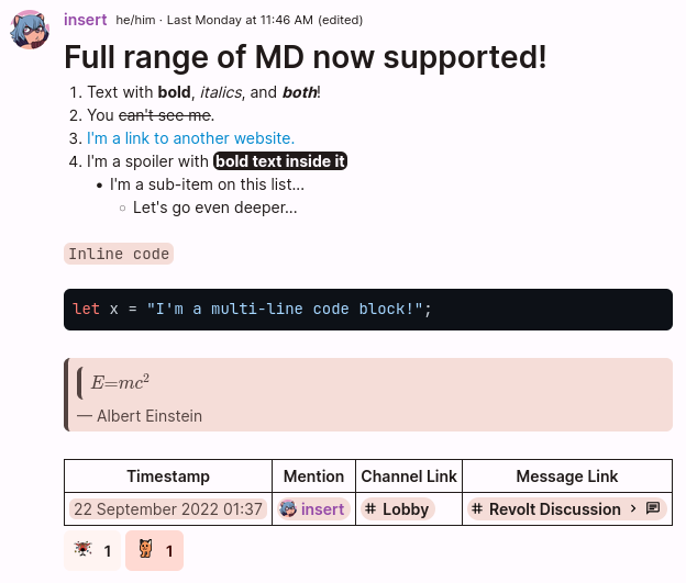 Screenshot showcasing Markdown in the new client, showcasing everything is implemented. It includes text with bold, italics, both, strikethrough, links, spoilers, items, sub-items, inline code, code blocks, quotes, KaTeX, tables, timestamps, mentions, and links.